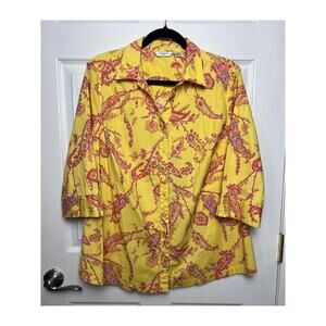 Liz Claiborne Women's Yellow Paisley Collared Button Up 3/4 Sleeve Shirt Sz 18W